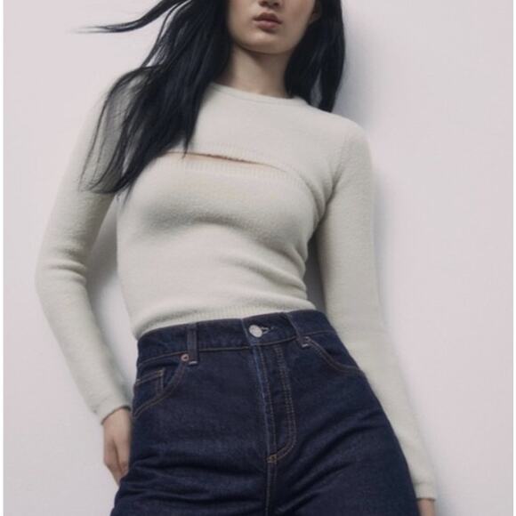 ZARA Small Ivory 2 Piece Knit Arm Warmer Shrug Sweater + Tube Top Stretchy - Picture 2 of 9